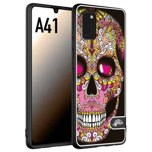 CUSTOMIZZA - Custodia cover nera morbida in tpu compatibile per Samsung A41 teschio messicano Mexican skull rosa gialla