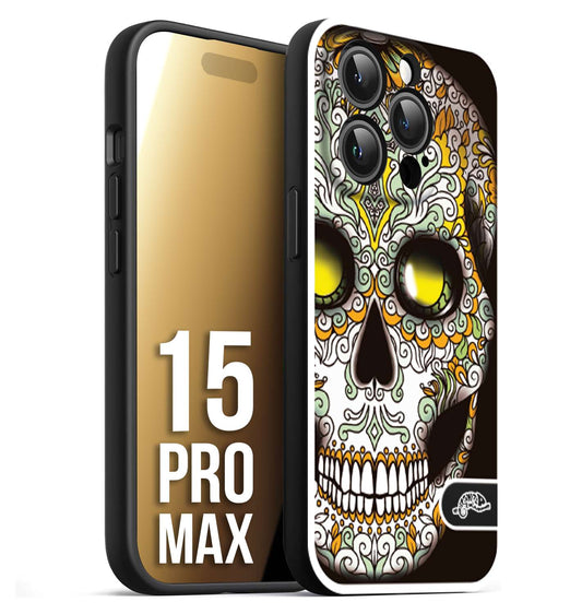 CUSTOMIZZA - Custodia cover nera morbida in tpu compatibile per iPhone 15 PRO MAX teschio messicano Mexican skull bianco verde giallo