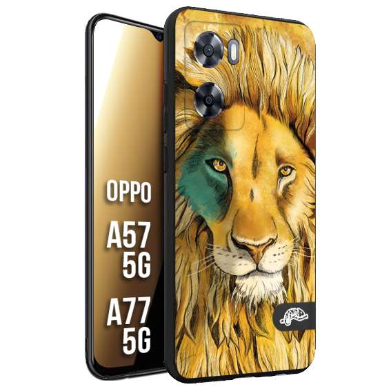 CUSTOMIZZA - Custodia cover nera morbida in tpu compatibile per Oppo A57 5G - A77 5G leone lion disegnato a mano giallo blu a rilievo artistico brown