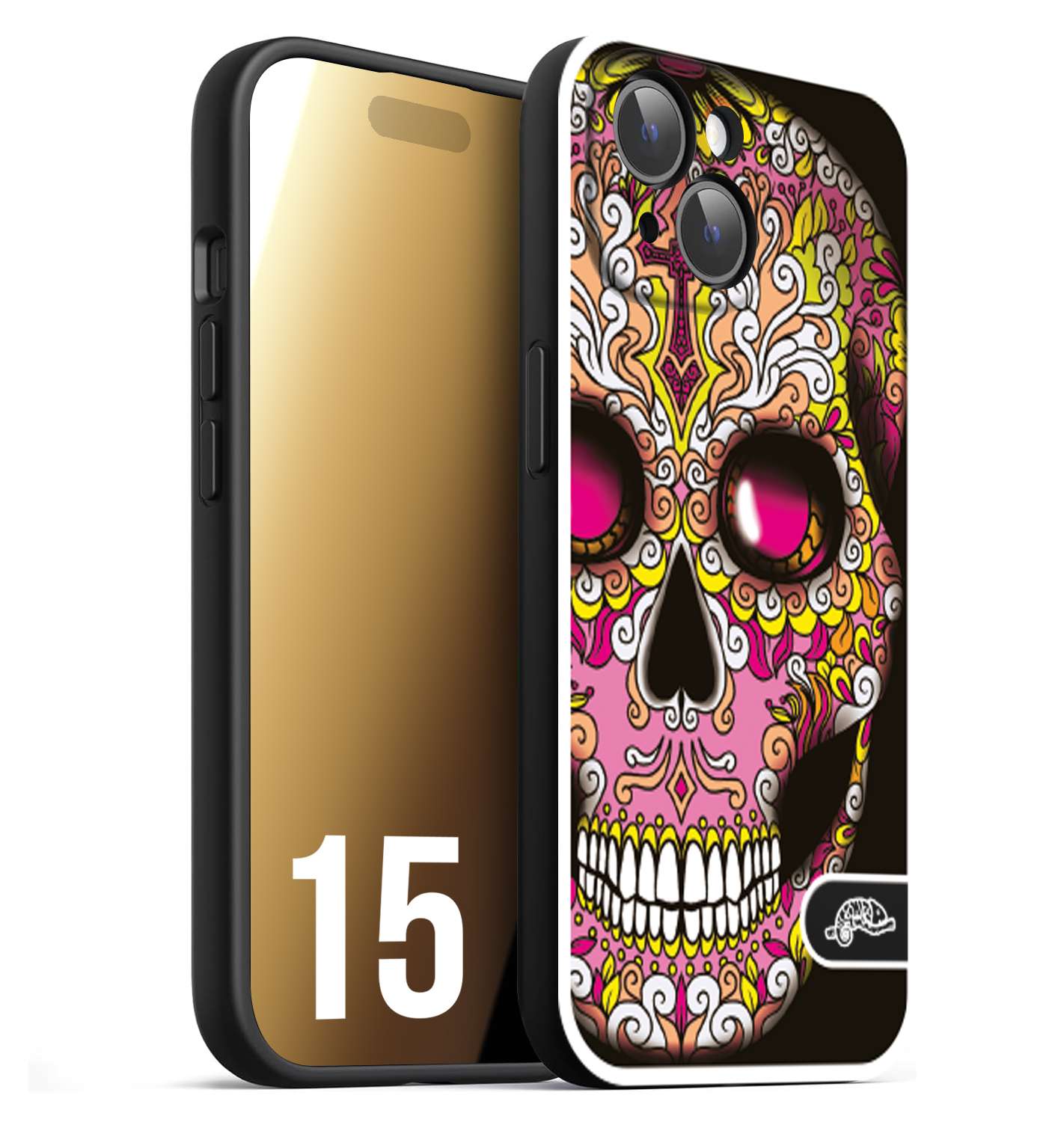 CUSTOMIZZA - Custodia cover nera morbida in tpu compatibile per iPhone 15 teschio messicano Mexican skull rosa gialla