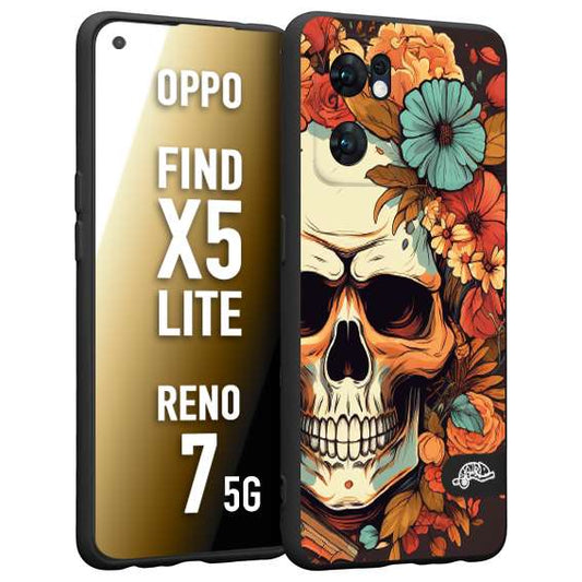 CUSTOMIZZA - Custodia cover nera morbida in tpu compatibile per Oppo Reno 7 - Find X5 LITE teschio skull flowers fiori autunnali arancio celeste tattoo