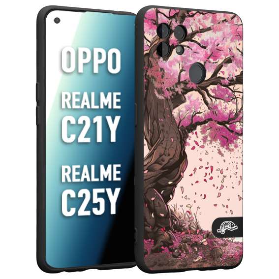 CUSTOMIZZA - Custodia cover nera morbida in tpu compatibile per Oppo Realme C21Y - C25Y giapponese colori morbidi fiori di ciliegio rosa disegnata