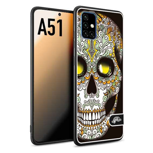 CUSTOMIZZA - Custodia cover nera morbida in tpu compatibile per Samsung A51 teschio messicano Mexican skull bianco verde giallo