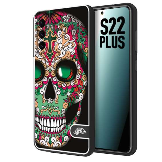 CUSTOMIZZA - Custodia cover nera morbida in tpu compatibile per Samsung S22 PLUS teschio messicano Mexican skull verde fucsia