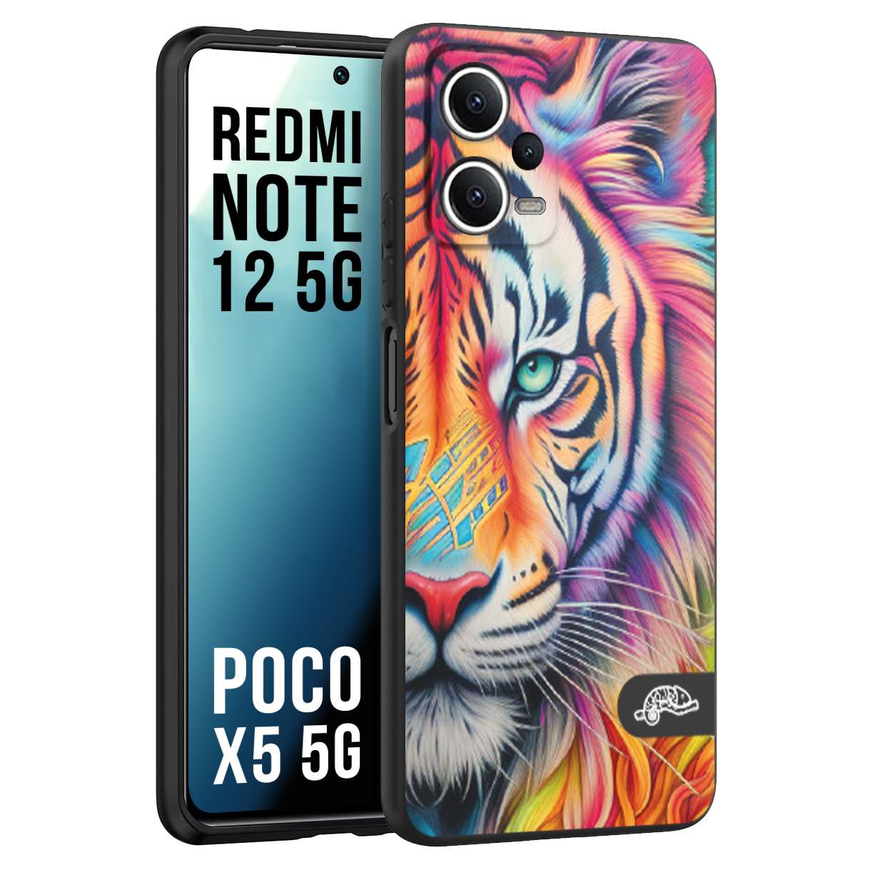 CUSTOMIZZA - Custodia cover nera morbida in tpu compatibile per Xiaomi Redmi Note 12 - POCO X5 5G animali color tigre tiger viso colori vibranti disegnato schizzo