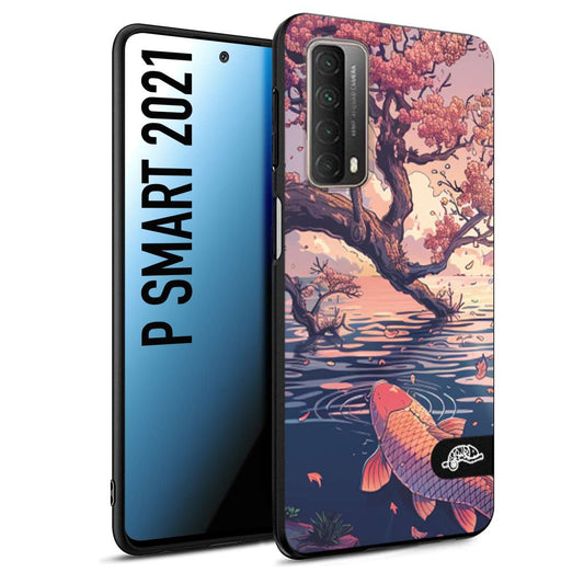 CUSTOMIZZA - Custodia cover nera morbida in tpu compatibile per Huawei P Smart 2021 giapponese lago carpa koi rosa con foglie d'acero disegnata tattoo