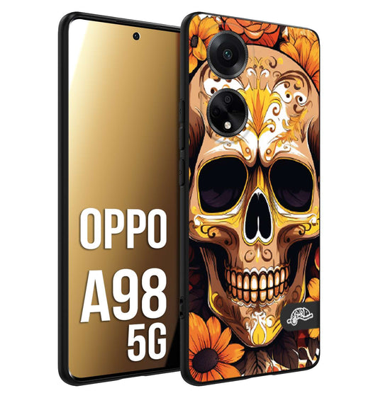 CUSTOMIZZA - Custodia cover nera morbida in tpu compatibile per Oppo A98 5G teschio messicano colorato dorato fiori tattoo disegnato