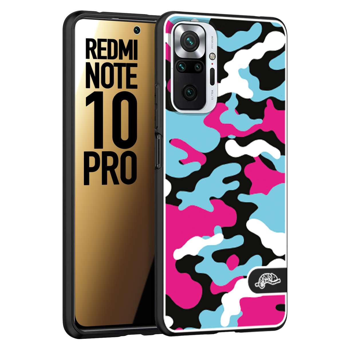 CUSTOMIZZA - Custodia cover nera morbida in tpu compatibile per Xiaomi Redmi Note 10 PRO camouflage mimetico militare fucsia celeste