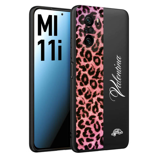 CUSTOMIZZA - Custodia cover nera morbida in tpu compatibile per Xiaomi Mi 11i leopardato rosa fucsia personalizzata nome iniziali