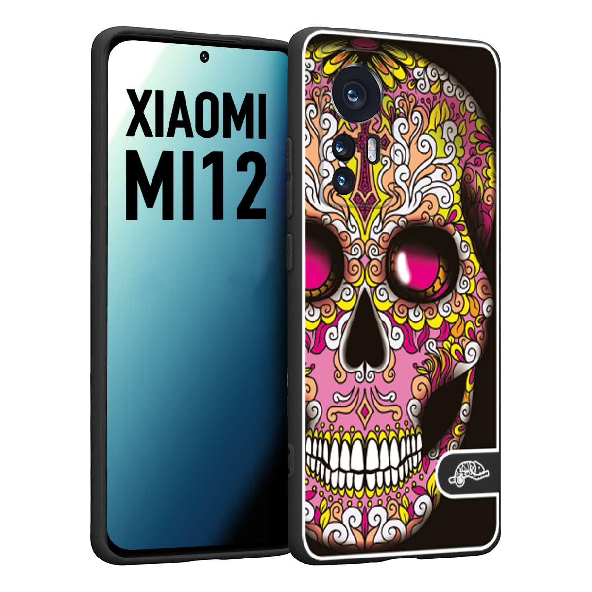 CUSTOMIZZA - Custodia cover nera morbida in tpu compatibile per Xiaomi 12 5G teschio messicano Mexican skull rosa gialla