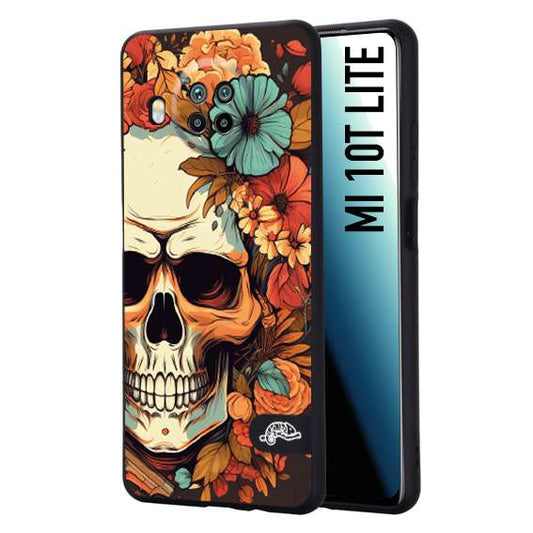 CUSTOMIZZA - Custodia cover nera morbida in tpu compatibile per Xiaomi Mi 10T LITE teschio skull flowers fiori autunnali arancio celeste tattoo