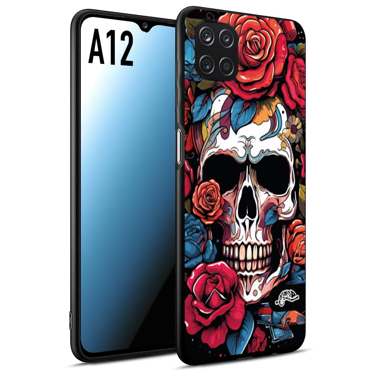 CUSTOMIZZA - Custodia cover nera morbida in tpu compatibile per Samsung A12 teschio skull flowers fiori rose rosse tattoo disegnato