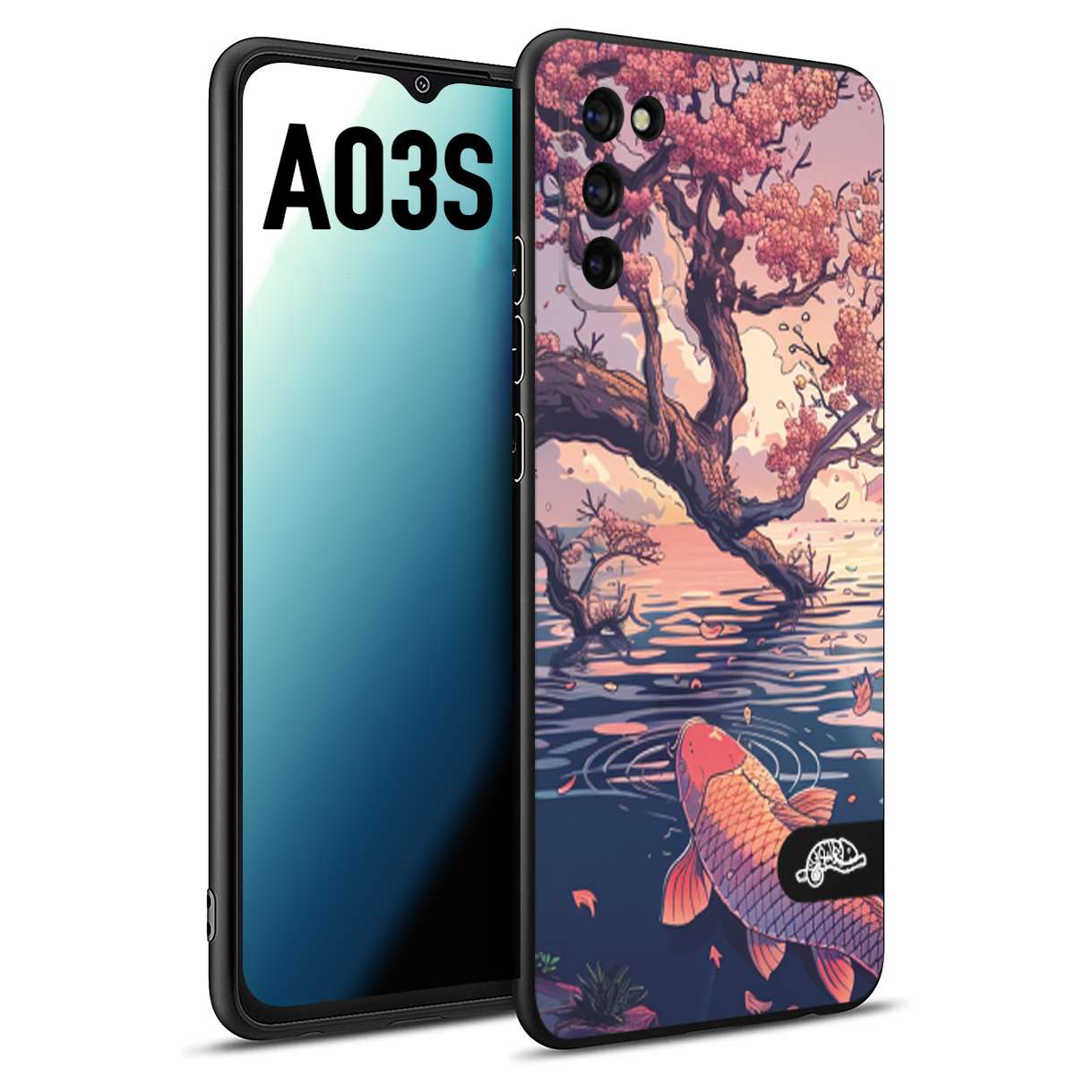 CUSTOMIZZA - Custodia cover nera morbida in tpu compatibile per Samsung A03S giapponese lago carpa koi rosa con foglie d'acero disegnata tattoo