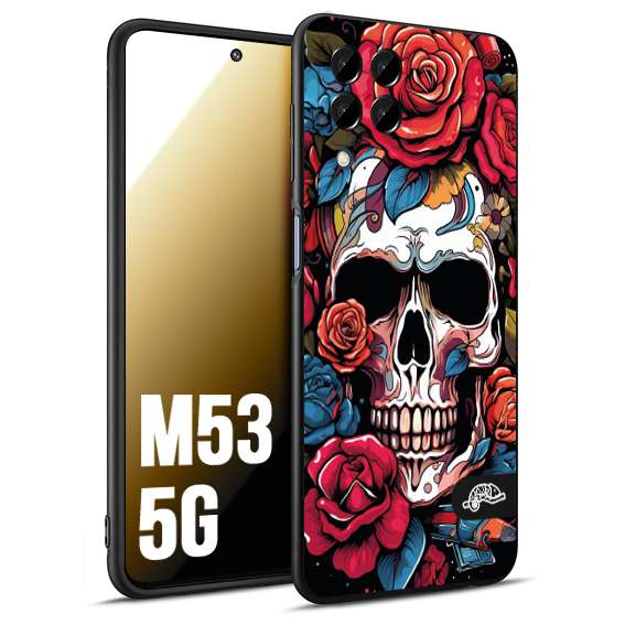 CUSTOMIZZA - Custodia cover nera morbida in tpu compatibile per Samsung M53 5G teschio skull flowers fiori rose rosse tattoo disegnato