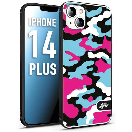 CUSTOMIZZA - Custodia cover nera morbida in tpu compatibile per iPhone 14 PLUS camouflage mimetico militare fucsia celeste