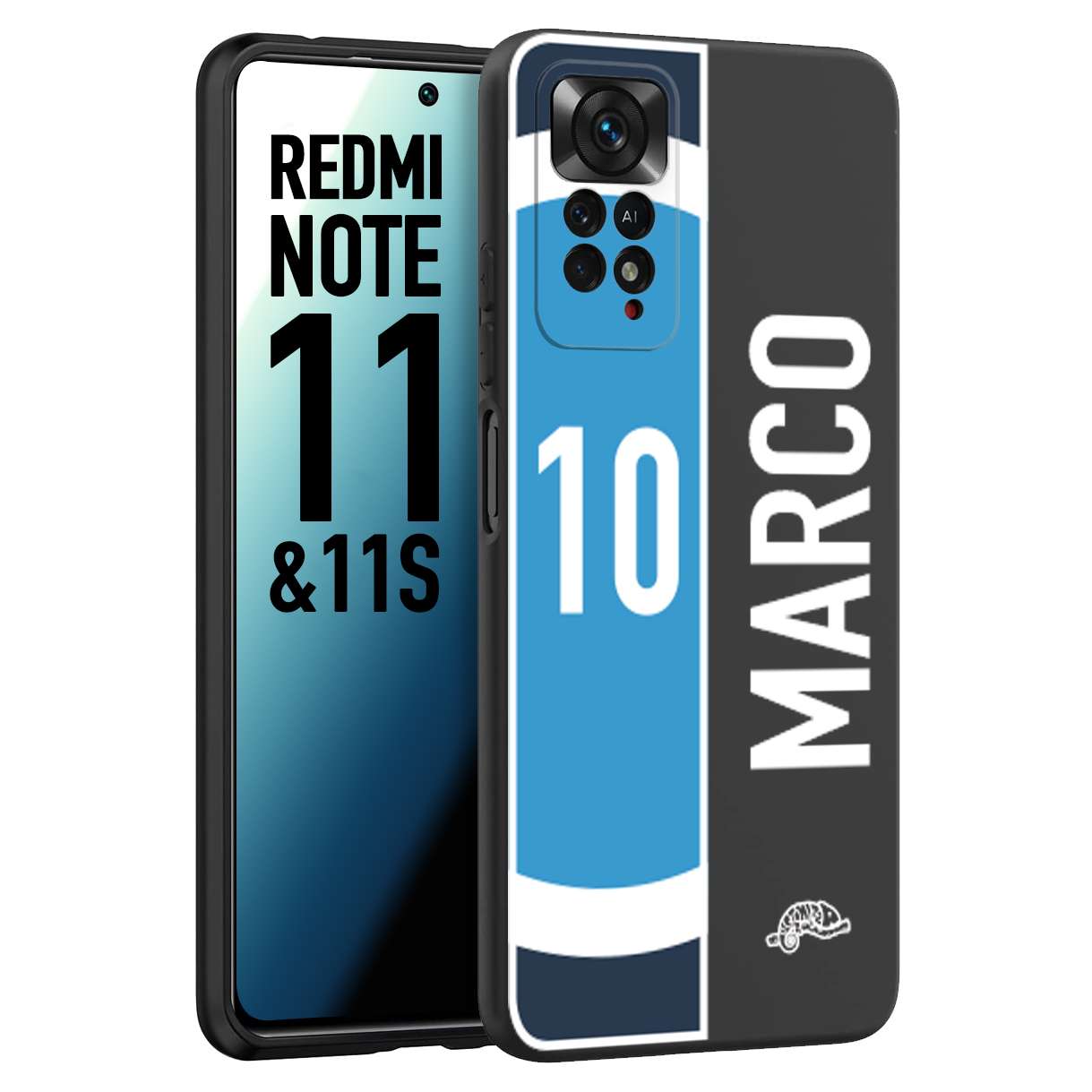 CUSTOMIZZA - Custodia cover nera morbida in tpu compatibile per Xiaomi Redmi Note 11 -  Note 11S personalizzata calcio football nome e numero calciatori biancoazzurri bianco celesti