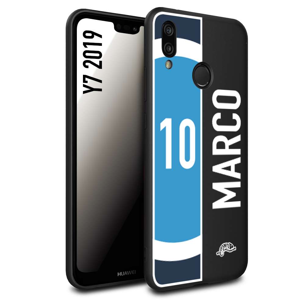 CUSTOMIZZA - Custodia cover nera morbida in tpu compatibile per Huawei Y7 2019 personalizzata calcio football nome e numero calciatori biancoazzurri bianco celesti