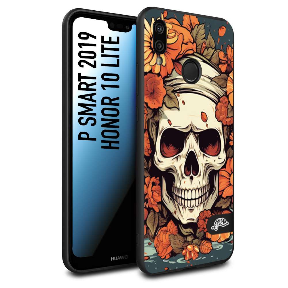 CUSTOMIZZA - Custodia cover nera morbida in tpu compatibile per Huawei P Smart 2019 teschio skull flowers fiori tattoo disegnato alta definizione