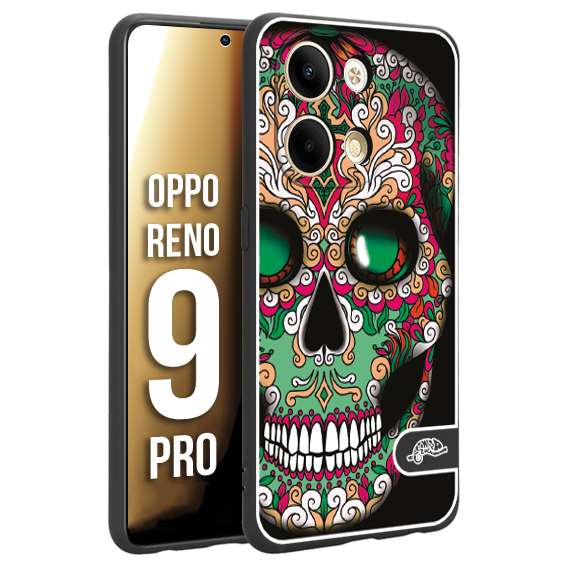 CUSTOMIZZA - Custodia cover nera morbida in tpu compatibile per Oppo Reno 9 PRO teschio messicano Mexican skull verde fucsia