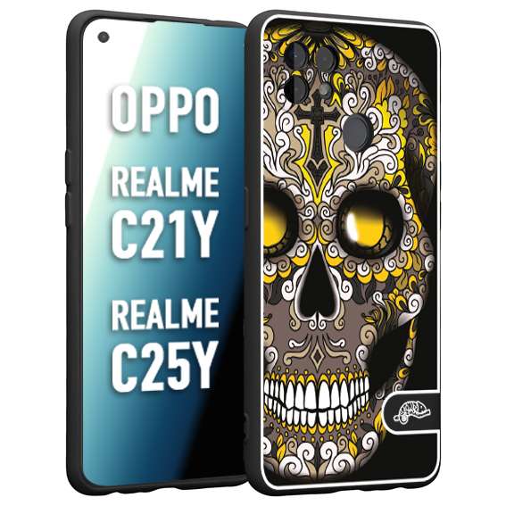 CUSTOMIZZA - Custodia cover nera morbida in tpu compatibile per Oppo Realme C21Y - C25Y teschio messicano Mexican skull nero giallo