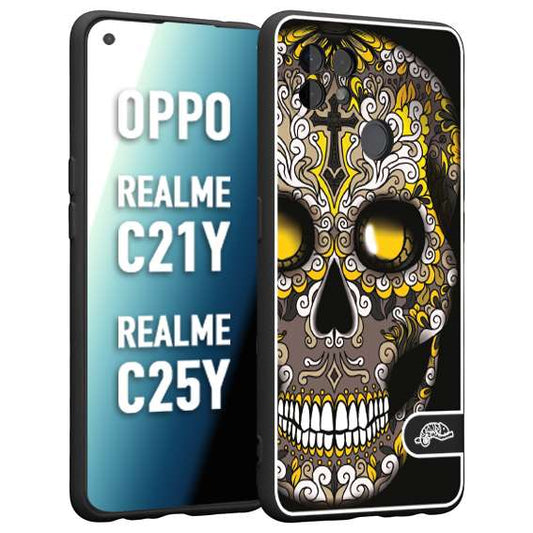 CUSTOMIZZA - Custodia cover nera morbida in tpu compatibile per Oppo Realme C21Y - C25Y teschio messicano Mexican skull nero giallo