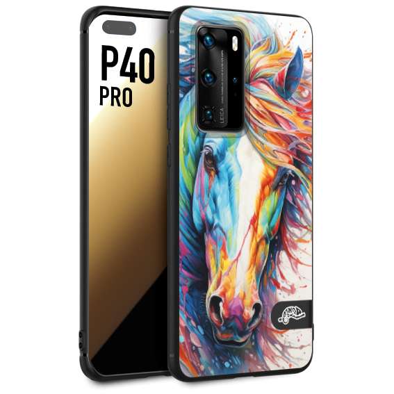 CUSTOMIZZA - Custodia cover nera morbida in tpu compatibile per Huawei P40 PRO animali color cavallo horse viso colori vibranti disegnato schizzo