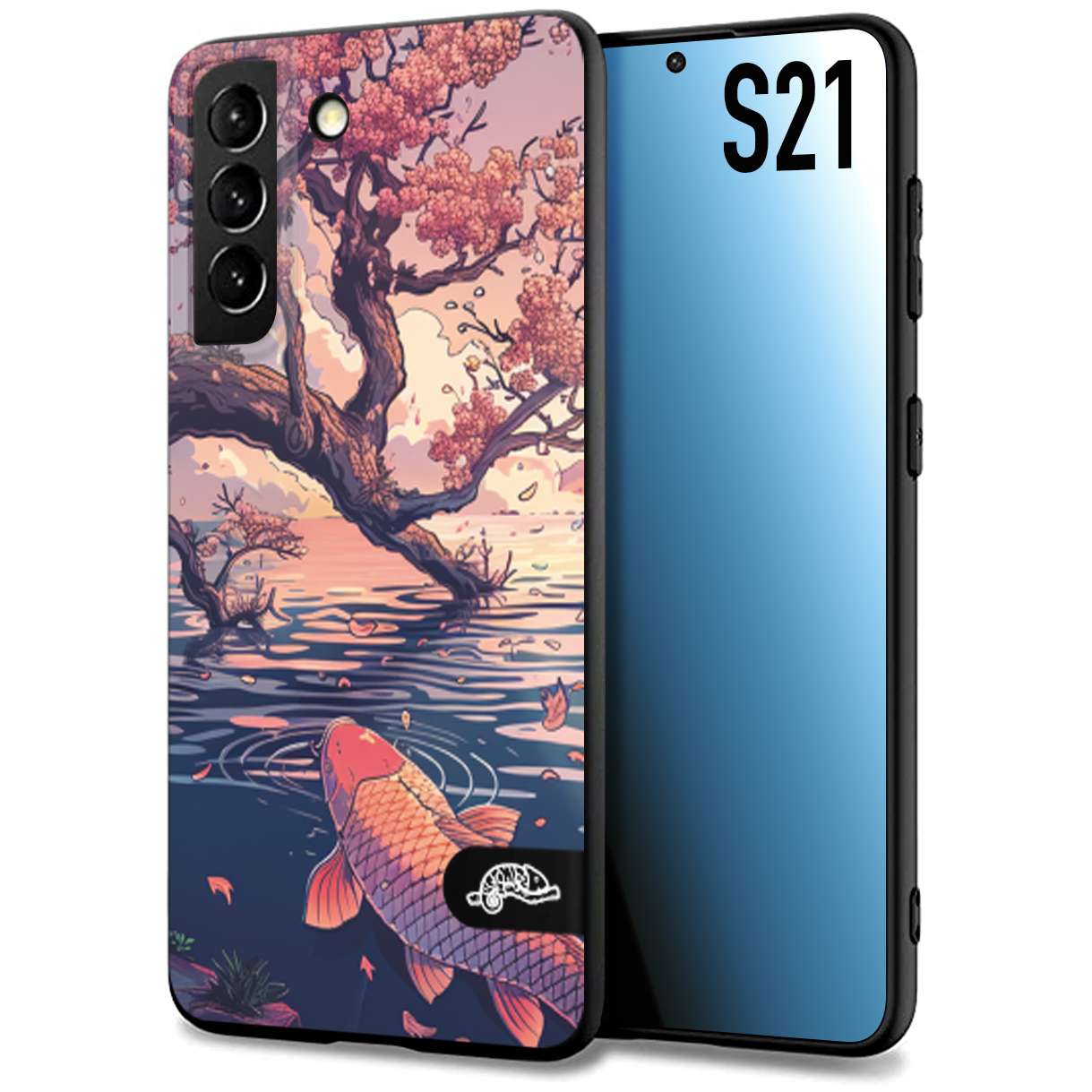 CUSTOMIZZA - Custodia cover nera morbida in tpu compatibile per Samsung S21 giapponese lago carpa koi rosa con foglie d'acero disegnata tattoo