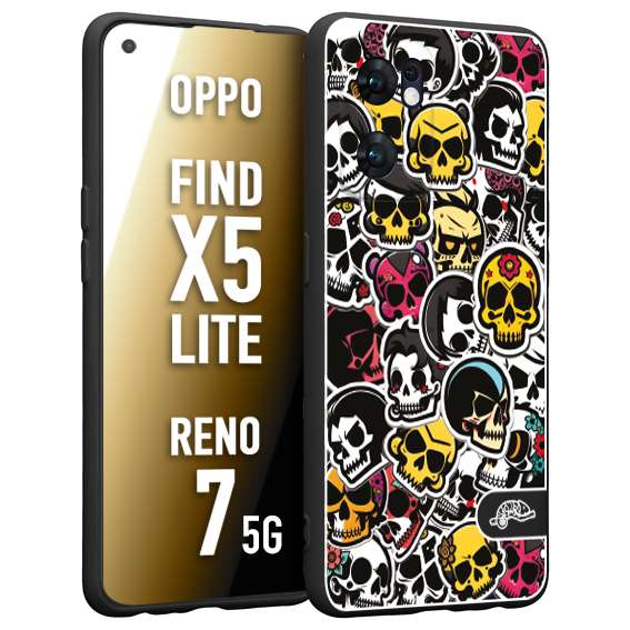 CUSTOMIZZA - Custodia cover nera morbida in tpu compatibile per Oppo Reno 7 - Find X5 LITE sticker bomb teschi colorati adesivi skulls skater snowboard
