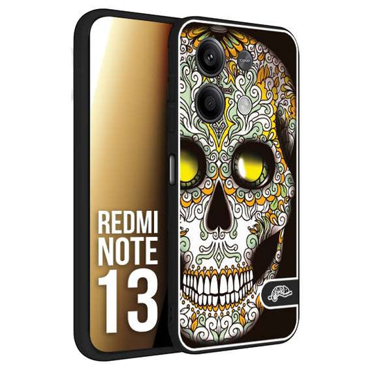 CUSTOMIZZA - Custodia cover nera morbida in tpu compatibile per Xiaomi Redmi Note 13 teschio messicano Mexican skull bianco verde giallo