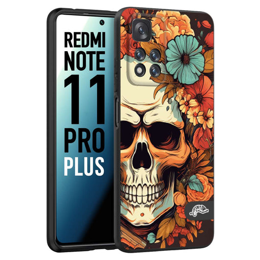 CUSTOMIZZA - Custodia cover nera morbida in tpu compatibile per Xiaomi Redmi Note 11 PRO PLUS teschio skull flowers fiori autunnali arancio celeste tattoo