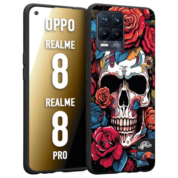 CUSTOMIZZA - Custodia cover nera morbida in tpu compatibile per Oppo Realme 8 - 8 PRO teschio skull flowers fiori rose rosse tattoo disegnato