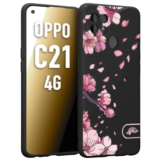 CUSTOMIZZA - Custodia cover nera morbida in tpu compatibile per Oppo Realme C21 4G giapponese fiori di ciliegio in fiore a rilievo disegnata tattoo