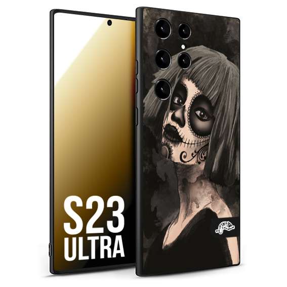 CUSTOMIZZA - Custodia cover nera morbida in tpu compatibile per Samsung S23 ULTRA chicana messicana dea de la muerte donna santa tattoo disegnata