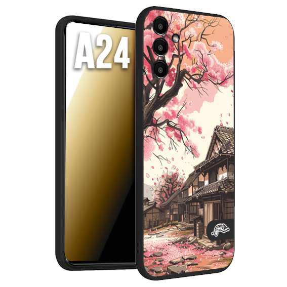 CUSTOMIZZA - Custodia cover nera morbida in tpu compatibile per Samsung A24 casa giapponese rosa ciliegio in fiore disegnata tattoo