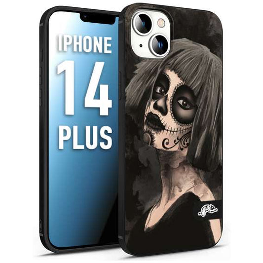 CUSTOMIZZA - Custodia cover nera morbida in tpu compatibile per iPhone 14 PLUS chicana messicana dea de la muerte donna santa tattoo disegnata