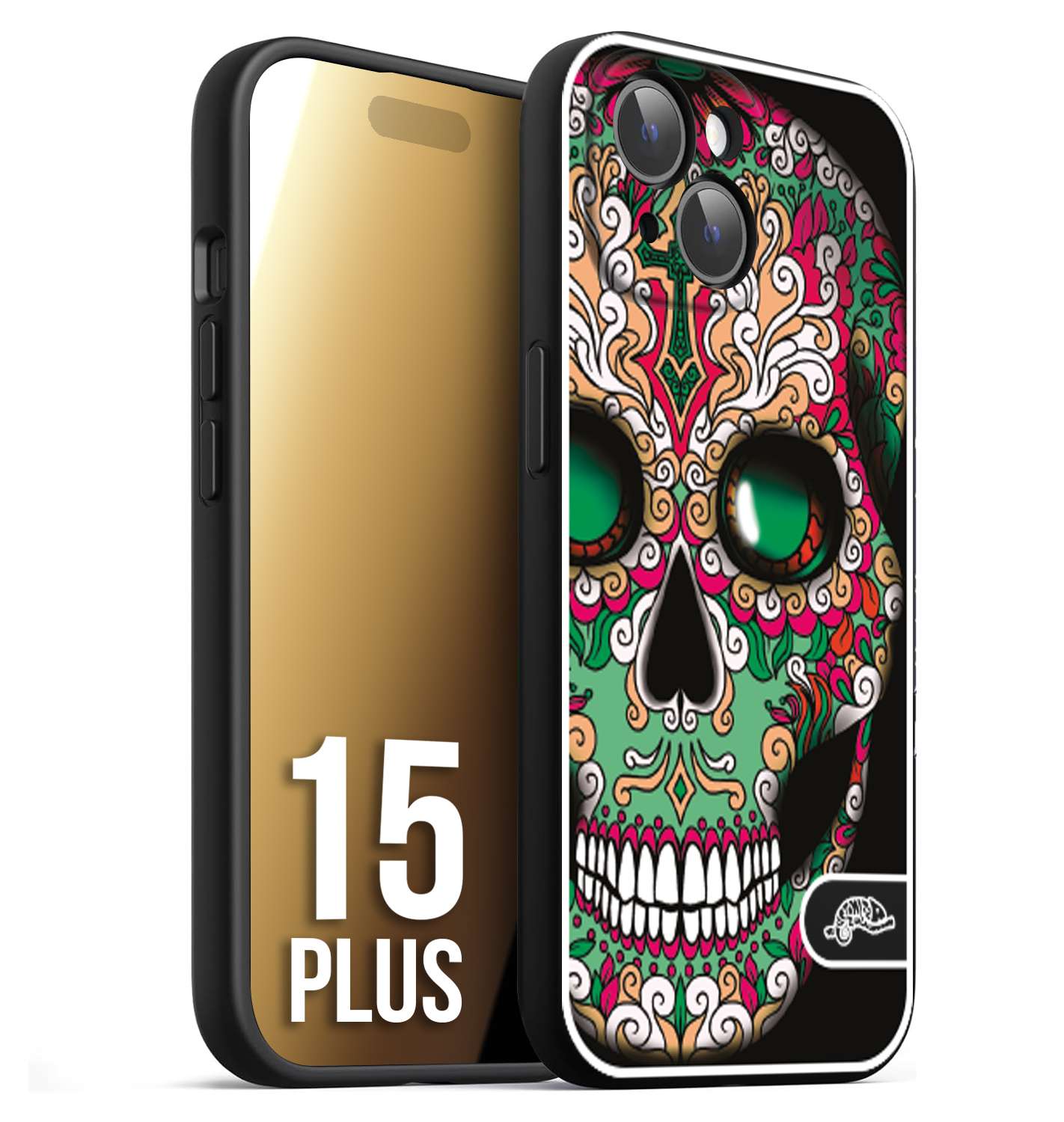 CUSTOMIZZA - Custodia cover nera morbida in tpu compatibile per iPhone 15 PLUS teschio messicano Mexican skull verde fucsia