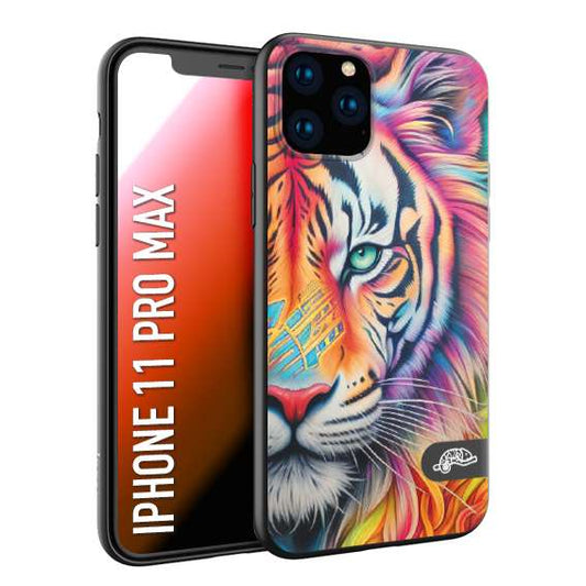 CUSTOMIZZA - Custodia cover nera morbida in tpu compatibile per iPhone 11 PRO MAX animali color tigre tiger viso colori vibranti disegnato schizzo