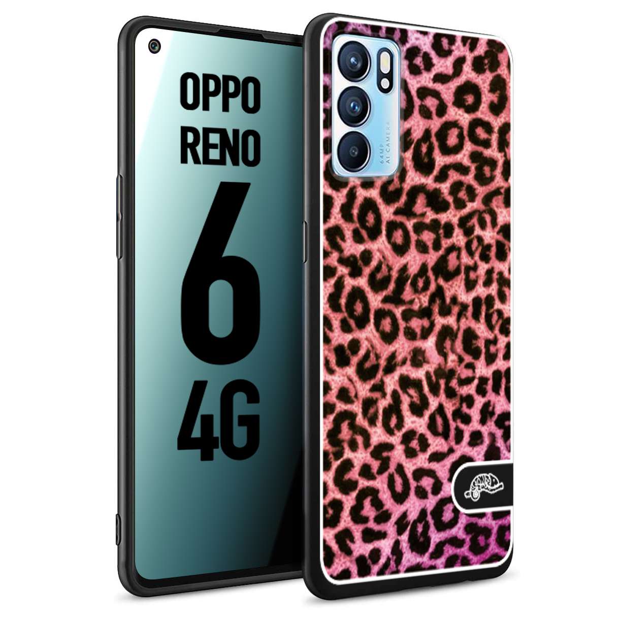 CUSTOMIZZA - Custodia cover nera morbida in tpu compatibile per Oppo Reno 6 4G leopardato maculato donna rosa leopard