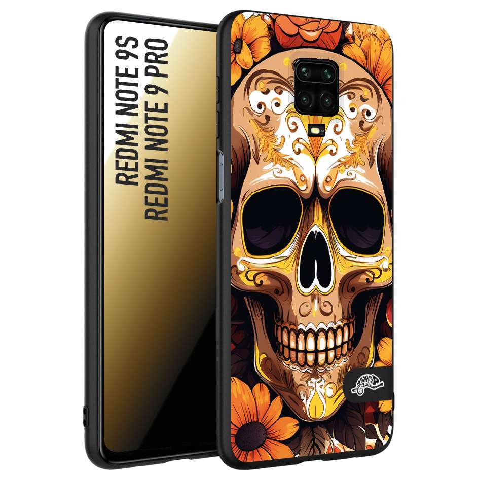 CUSTOMIZZA - Custodia cover nera morbida in tpu compatibile per Xiaomi Redmi Note 9S - Note 9 PRO teschio messicano colorato dorato fiori tattoo disegnato