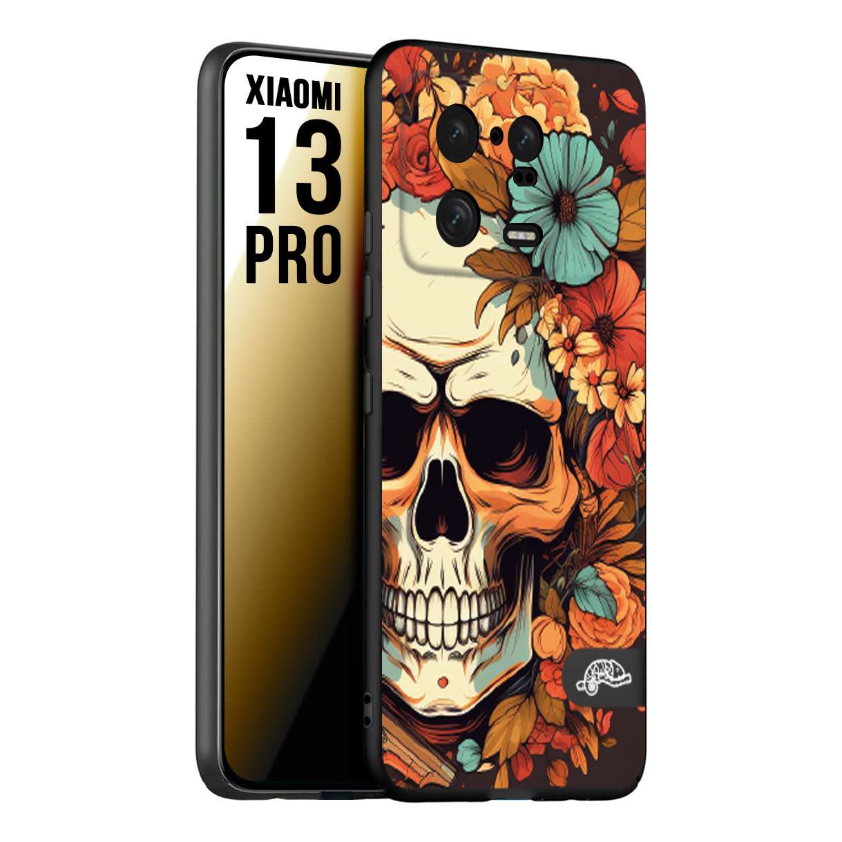 CUSTOMIZZA - Custodia cover nera morbida in tpu compatibile per Xiaomi 13 PRO teschio skull flowers fiori autunnali arancio celeste tattoo