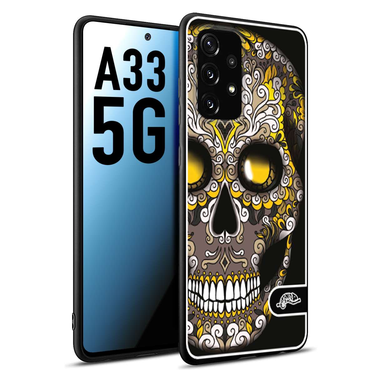 CUSTOMIZZA - Custodia cover nera morbida in tpu compatibile per Samsung A33 5G teschio messicano Mexican skull nero giallo