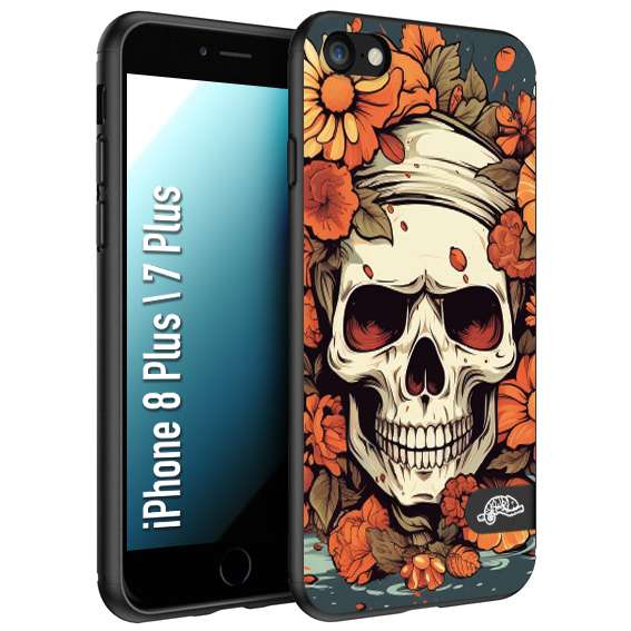 CUSTOMIZZA - Custodia cover nera morbida in tpu compatibile per iPhone 7 Plus - 8 plusteschio skull flowers fiori tattoo disegnato alta definizione