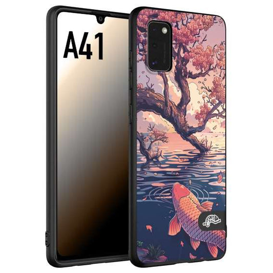 CUSTOMIZZA - Custodia cover nera morbida in tpu compatibile per Samsung A41 giapponese lago carpa koi rosa con foglie d'acero disegnata tattoo