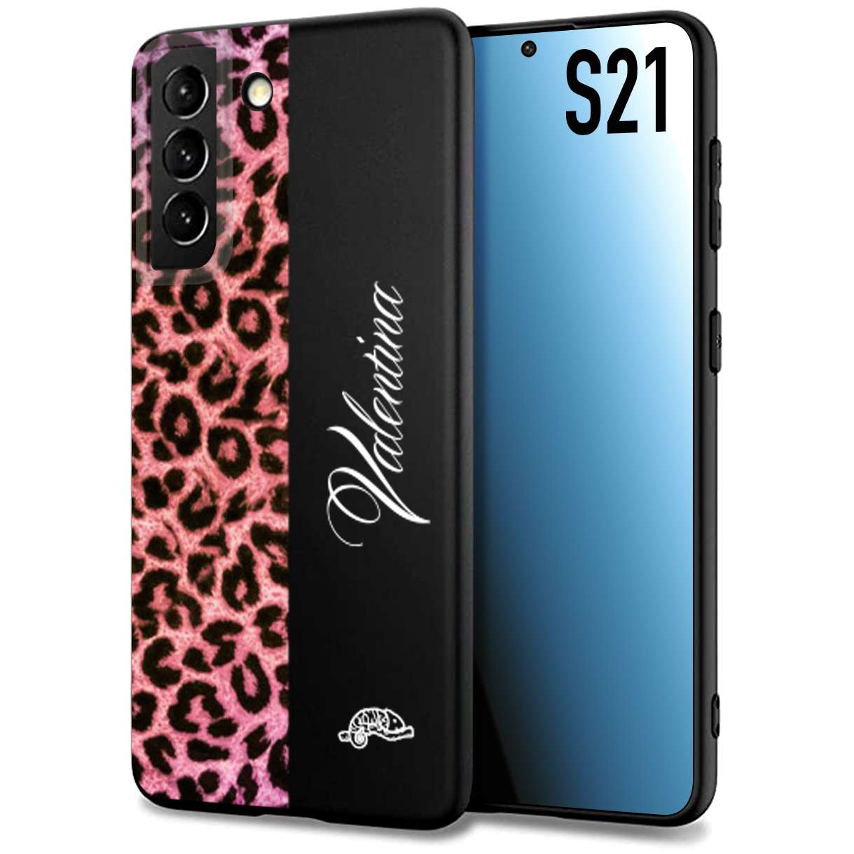 CUSTOMIZZA - Custodia cover nera morbida in tpu compatibile per Samsung S21 leopardato rosa fucsia personalizzata nome iniziali