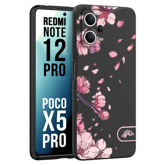 CUSTOMIZZA - Custodia cover nera morbida in tpu compatibile per Xiaomi Redmi Note 12 PRO - POCO X5 PRO giapponese fiori di ciliegio in fiore a rilievo disegnata tattoo