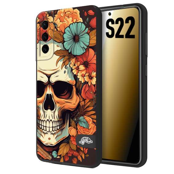 CUSTOMIZZA - Custodia cover nera morbida in tpu compatibile per Samsung S22 teschio skull flowers fiori autunnali arancio celeste tattoo