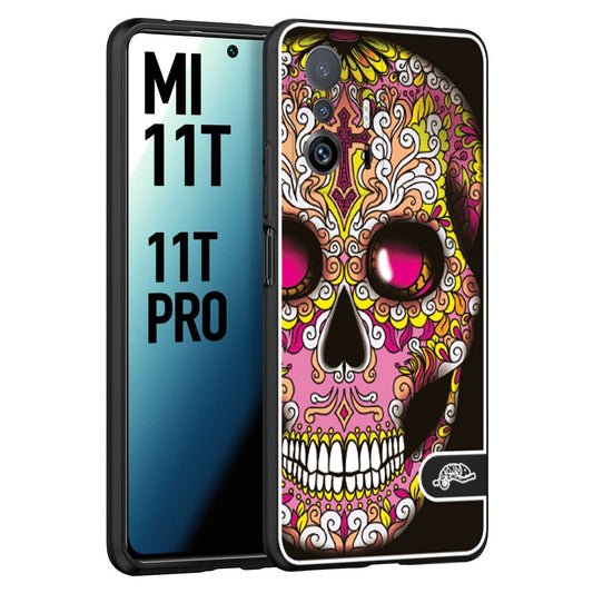 CUSTOMIZZA - Custodia cover nera morbida in tpu compatibile per Xiaomi Mi 11T - Mi 11T PRO teschio messicano Mexican skull rosa gialla