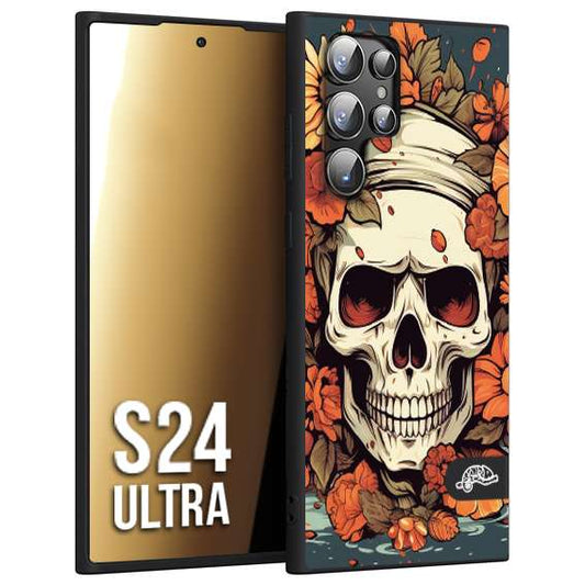 CUSTOMIZZA - Custodia cover nera morbida in tpu compatibile per Samsung S24 ULTRA teschio skull flowers fiori tattoo disegnato alta definizione