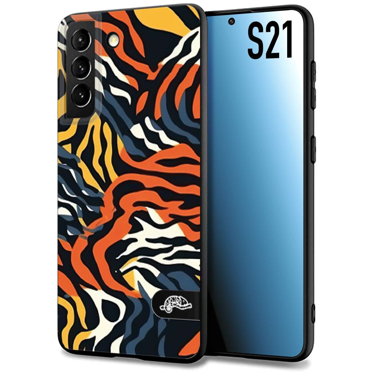 CUSTOMIZZA - Custodia cover nera morbida in tpu compatibile per Samsung S21 leopardato maculato tigrato tiger colorata gialla blu arancio