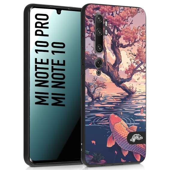 CUSTOMIZZA - Custodia cover nera morbida in tpu compatibile per Xiaomi Mi Note 10 - Mi Note 10 Pro giapponese lago carpa koi rosa con foglie d'acero disegnata tattoo